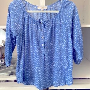 Aloft three-quarter length blue and white patterned peasant blouse